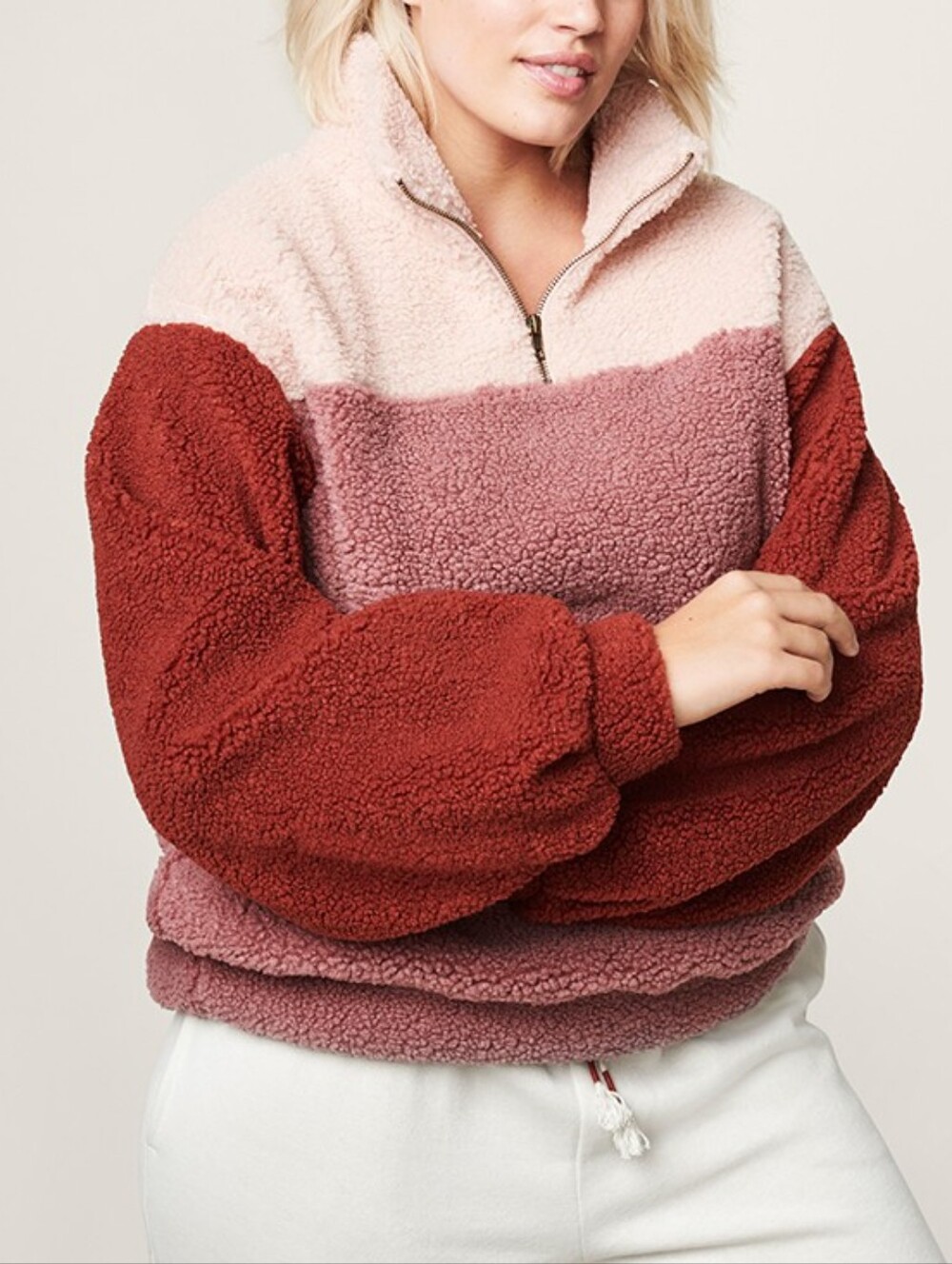 Universal Thread Colorblock Sherpa Quarter-Zip Pull Over - Mauve, Cream & Rust